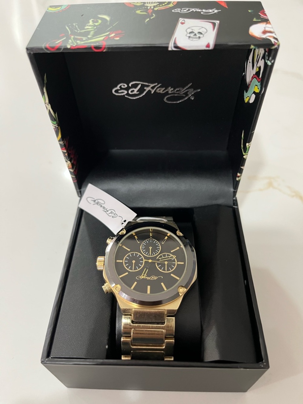 Ed Hardy Gold and Black Chronograph Bracelet Watch